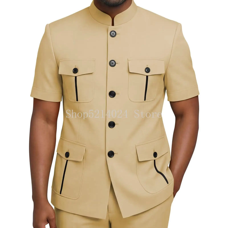 Mens Safari Suit 2 Piece Short Sleeve Suits for Men Regular Fit Stand Collar Suit African Clothes