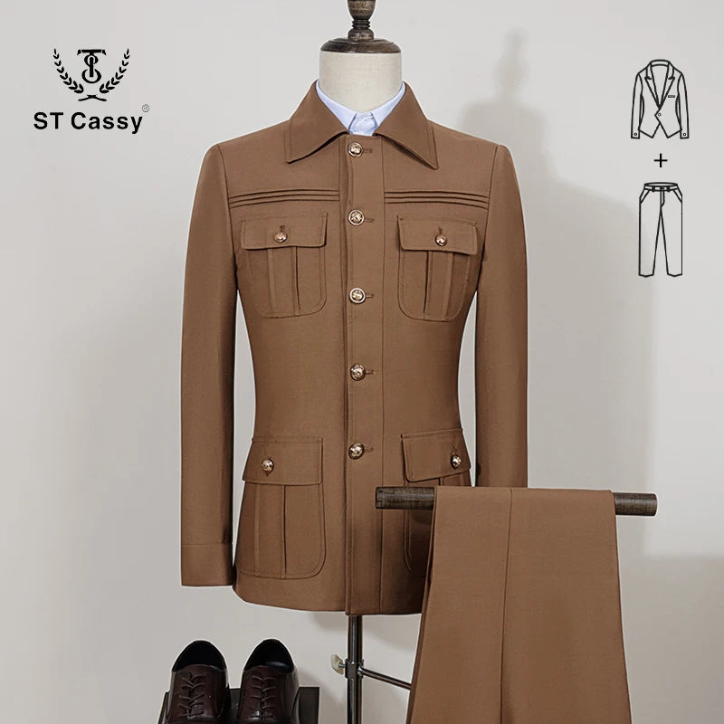 ST Cassy High Quality Safari Men's Suit Classic Fit Multi Buckle Multi Pocket Solid Color Casual Business Set Men's 2-Piece Set