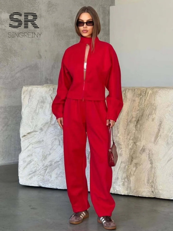SINGREINY Autumn Stand Collar Casual Sweatshirts Suits Women Long Sleeves Zipper Slim Top+Long Pants Trendy Street Tracksuits