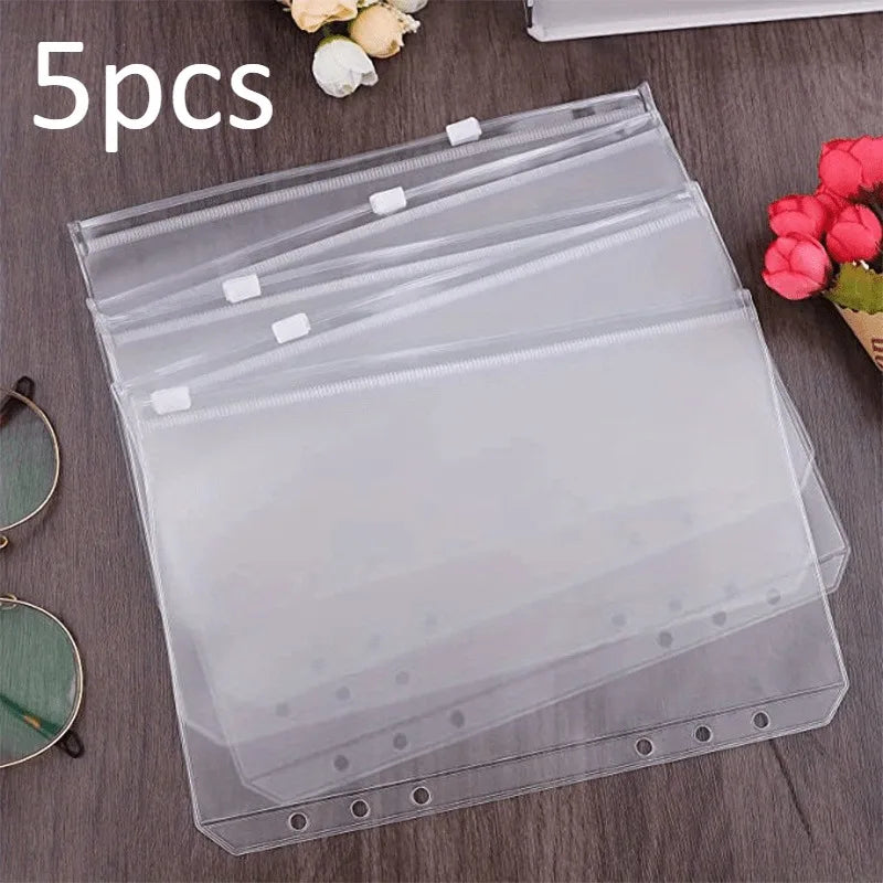 5pcs A5 Binder Zipper Pocket,6 Holes Economy Cash Envelope Transparent Zipper Folder for 6 Rings Economy Binder Notebook