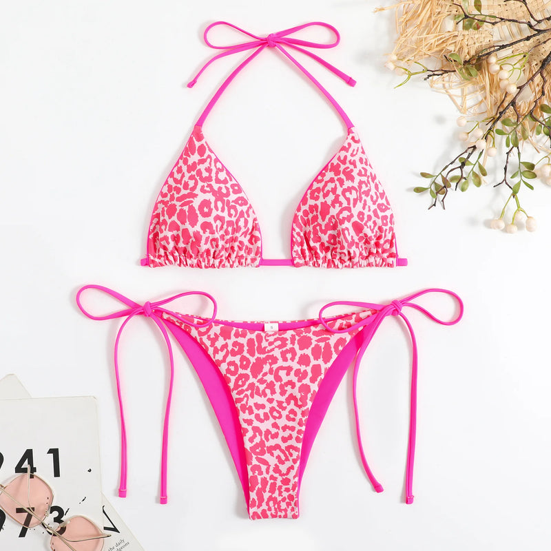 Sexy string leopard print bikinis set swimsuit halter tie | SAMAG