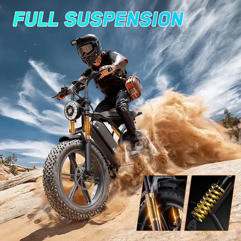 Full Suspension Fat Tire Electric Bike for Adults 1500W Peak Motor 60 Miles Range 48V 15Ah Removable Battery 7-Speed