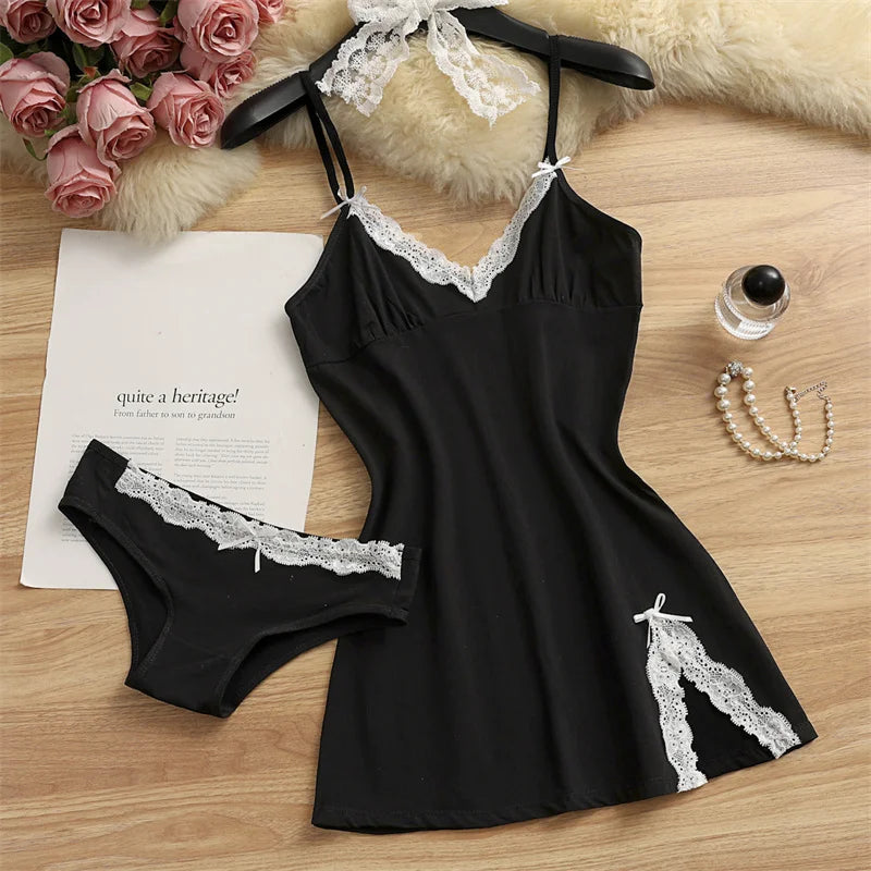 Women Pajama Cotton Suspender Nightdress Set Cute Lace | SAMAG