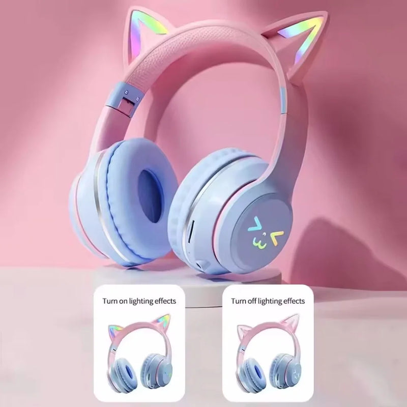 Cat's Ears Headset RGB Light Smile Face TWS Headset Gradient New Headphone Pink Little Girl Earphone Gift Suitable for Any Phone