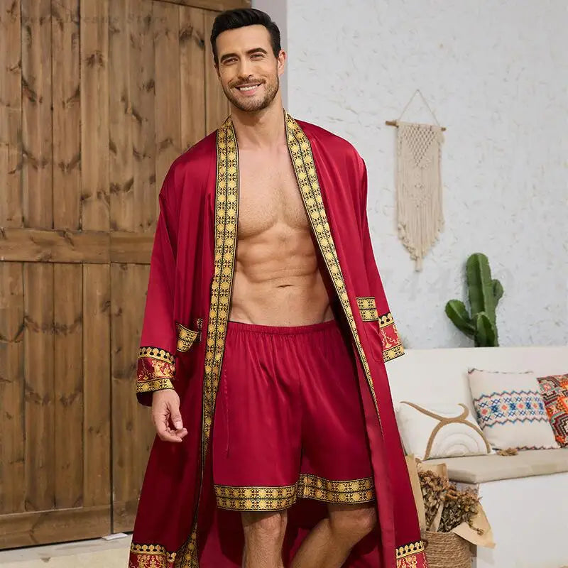 Men's Long Robe Pajamas Set Baroque Style Bathrobe Kimono Shorts Pijamas Spring Summer Sleepwear Home Clothes Satin Loungewear