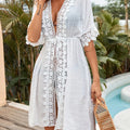 Beach Cover Up Dress Lace V Neck Swimsuit Bathing Suit Cover Up Lace-Up Long Blouse Hollow Out Open-Front Cover Up Beachwear