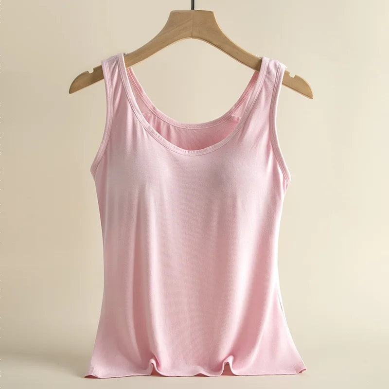 1pcs Women's Vest Tops Round Neck Vests Solid Color Padded Slim Fit Tank Tops Sexy Feminino Casual Tank Tops With Built In Bras
