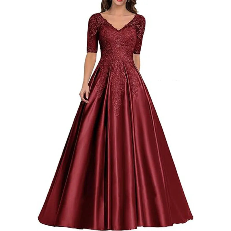 A Line Women Evening Dresses Satin Appliques V Neck Prom | SAMAG
