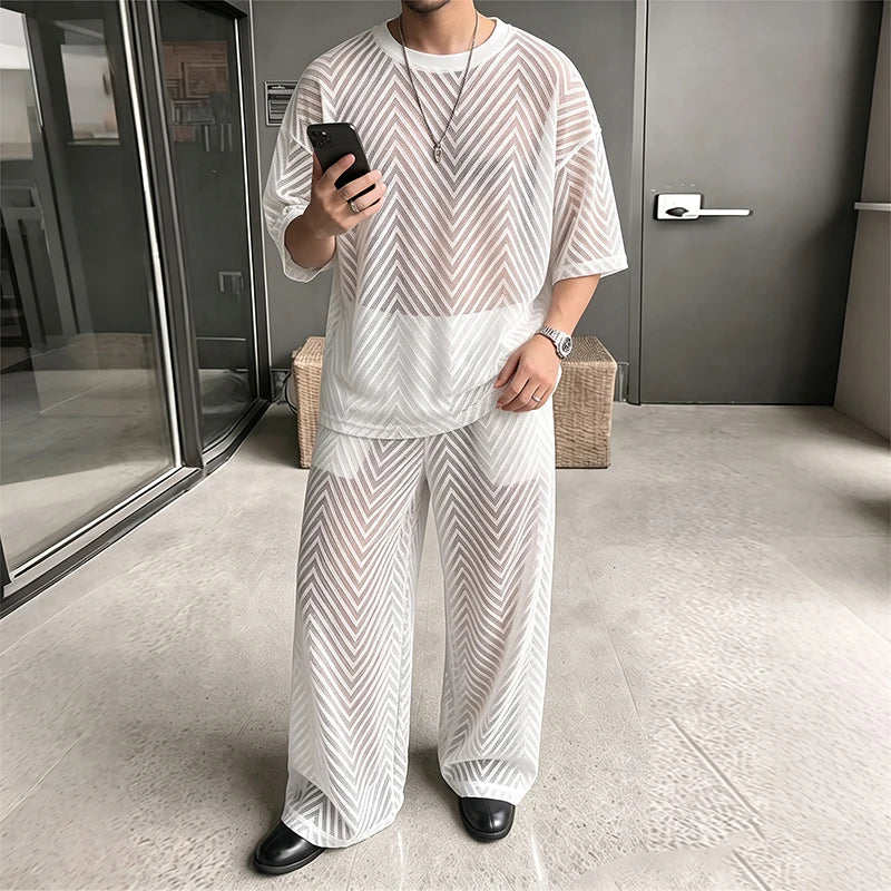 INCERUN Men's Sets See Through Mesh Short Sleeve T Shirt Pants Two Piece Streetwear Sexy Matching - View 3 | SAMAG