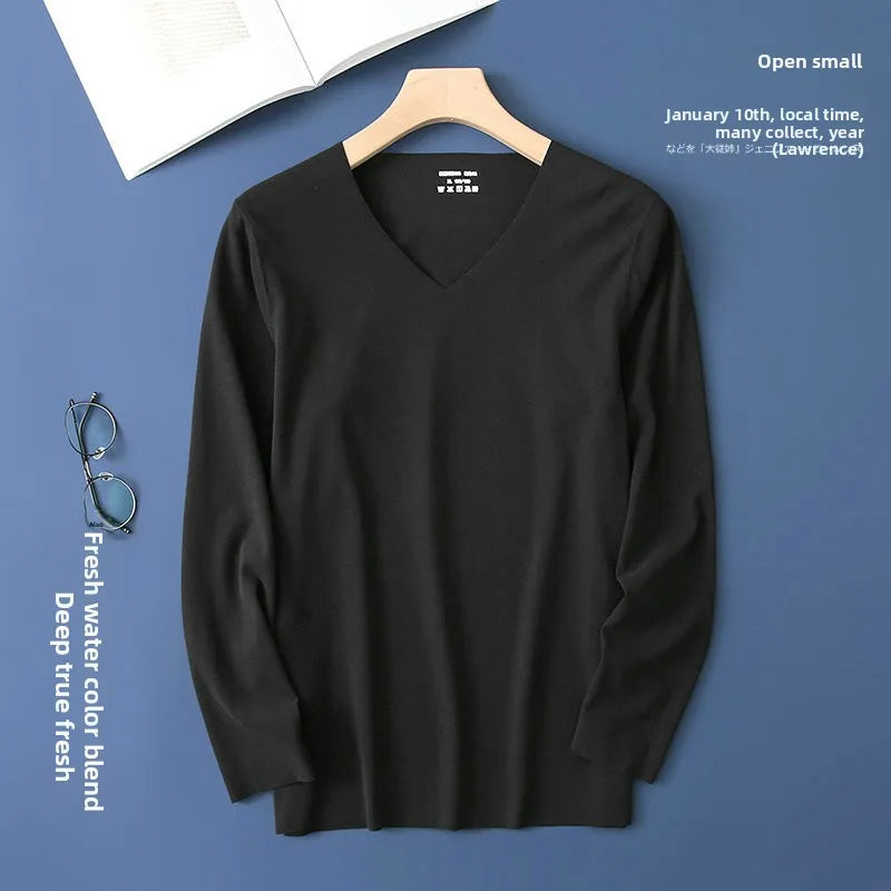 Double-Sided Deroing Men's Long Sleeve V-Neck Thermal Top Seamless Comfortable Cotton Knitted Base Layer Shirt Casual Fashion
