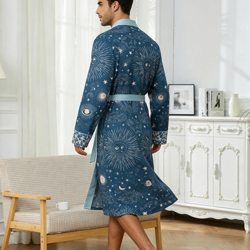 Men's lightweight quick-drying pajama bathrobe - 3D digital printing, non-fading design, stand-up collar and adjustable waistban