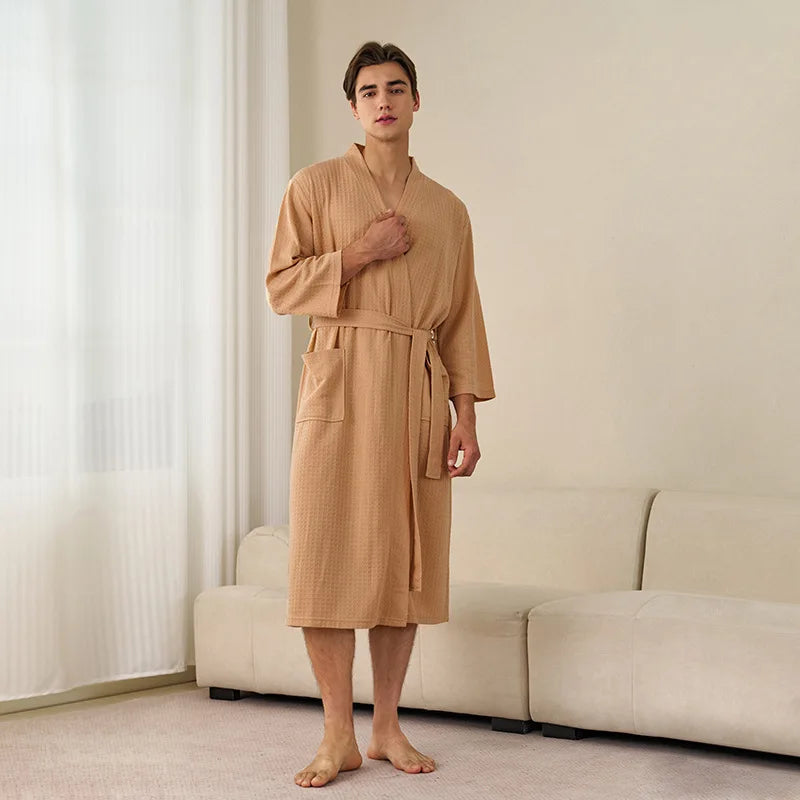 Men's and Women's Universal Waffle Seven-Sleeve Lightweight Long Bathrobe for Hotels, Soft and Breathable, Couple's Homewear