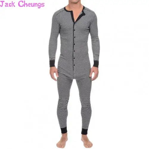 Men Skinny Striped Jumpsuit 2021 Long Sleeve O Neck Buttons Romper Sleepwear Overall Homewear Pajamas Sets Underwear