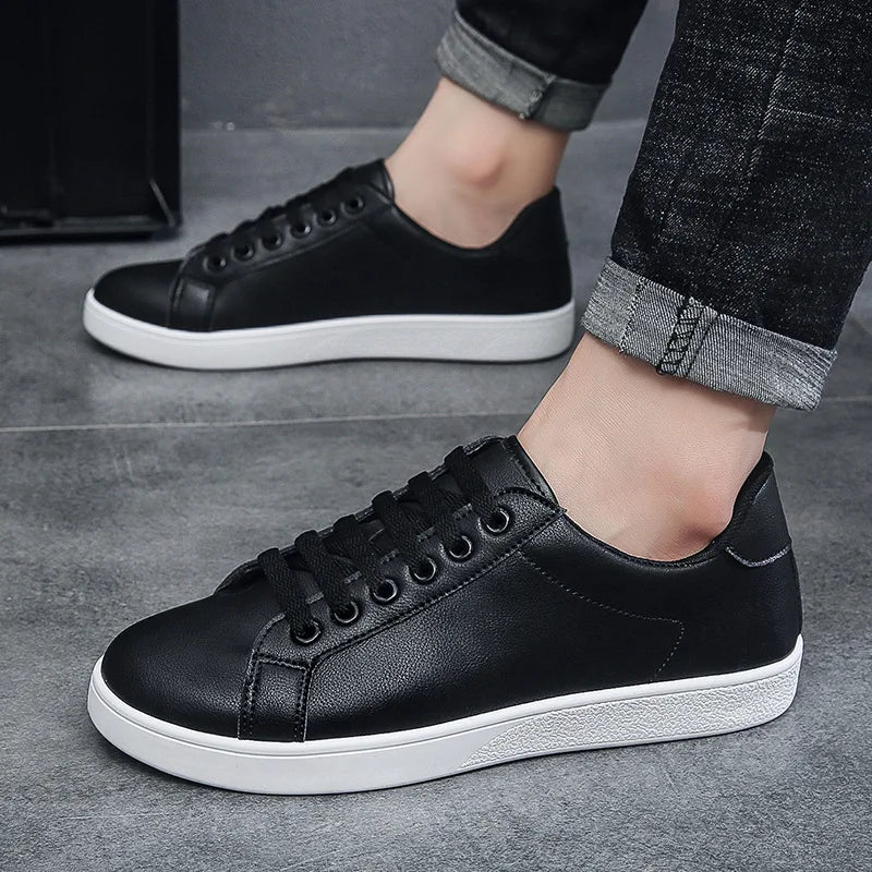 Men's Vulcanized Shoes Casual Low Top Flat Sneakers White Shoes Zapatillas Hombre Chaussure Homme Drop Shipping Leather Black