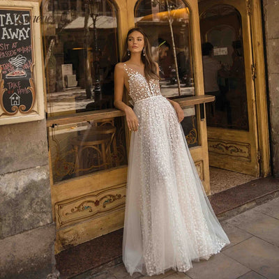 Lorencia Sexy Plunging V - Neck Lace Beach Wedding Dresses | SAMAG