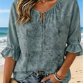 Women's Sage Tiny Dot All Over Print Tie V Neck Blouse Ruffle Cuff Lightweight Casual Shirt