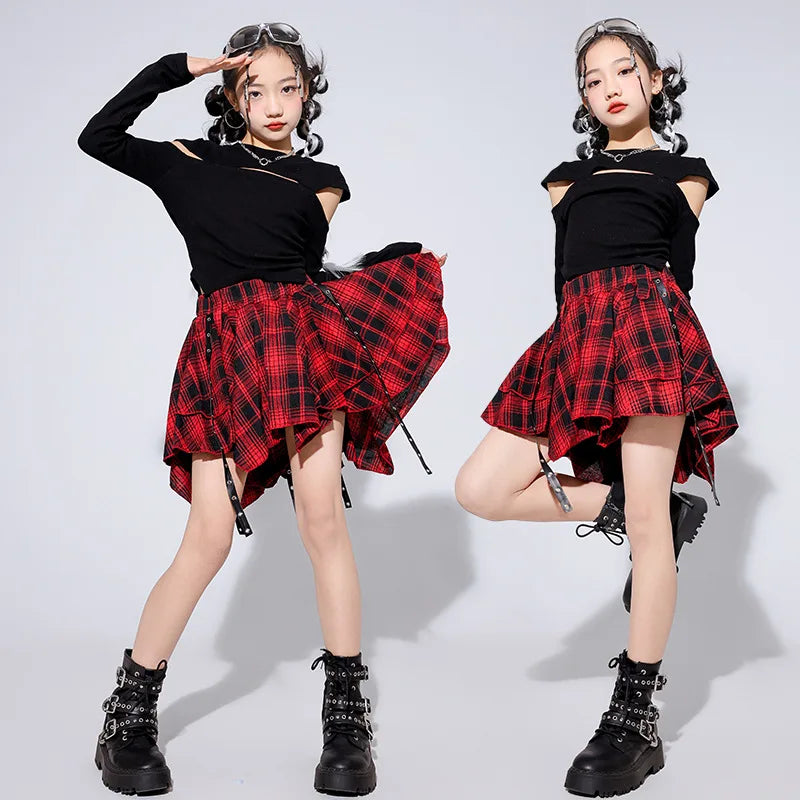 Girls Hip Hop Costume Black Top Plaid Street Dance Skirt | SAMAG