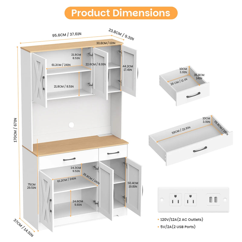 67" Food Pantry Storage Cabinet for Kitchen, White Freestanding Pantry with Charging Station, Door And Adjustable Shelves, Buffet Cabinet for Kitchen, Living Room, And Dining Room, Freestanding Tall Pantry with Microwave Shel