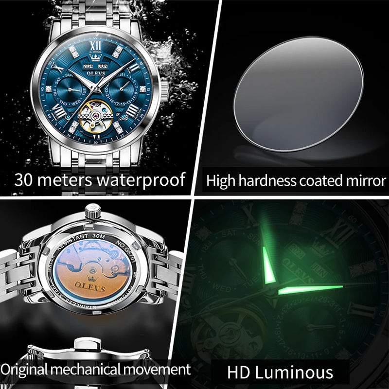 OLEVS 6701 Man Watch Fashion Top Brand Stainless Steel Hollow Skeleton Flywheel Automatic Mechanical Waterproof Watch for Men