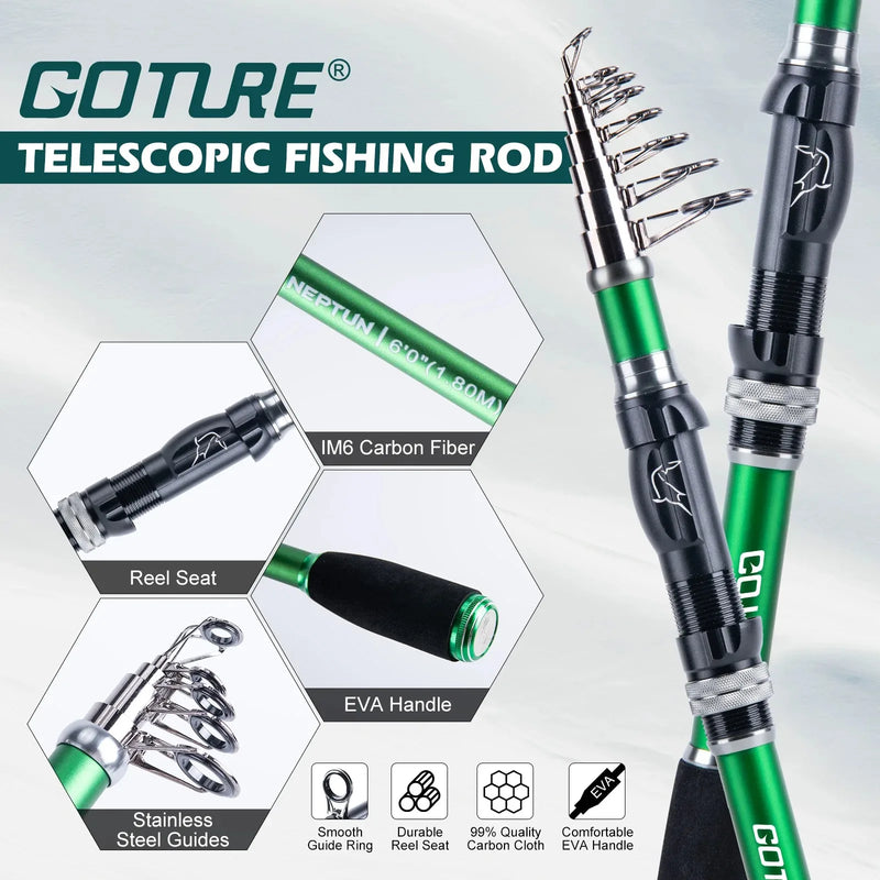 Goture 21Pcs Fishing Rod Reel Combo,1.8M Carbon Fiber Telescopic Pole Spinning Reel Backpack,Lures Line Hooks Set,fishing Gear