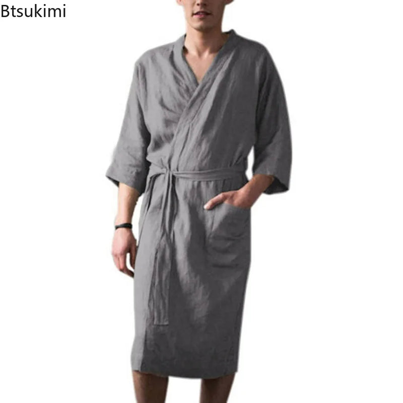 2026 Spring Autumn Men's Nightgown Cotton and Linen Robes Kimono Medium and Long Nightgown Homewear Bath Steamed Clothes Male