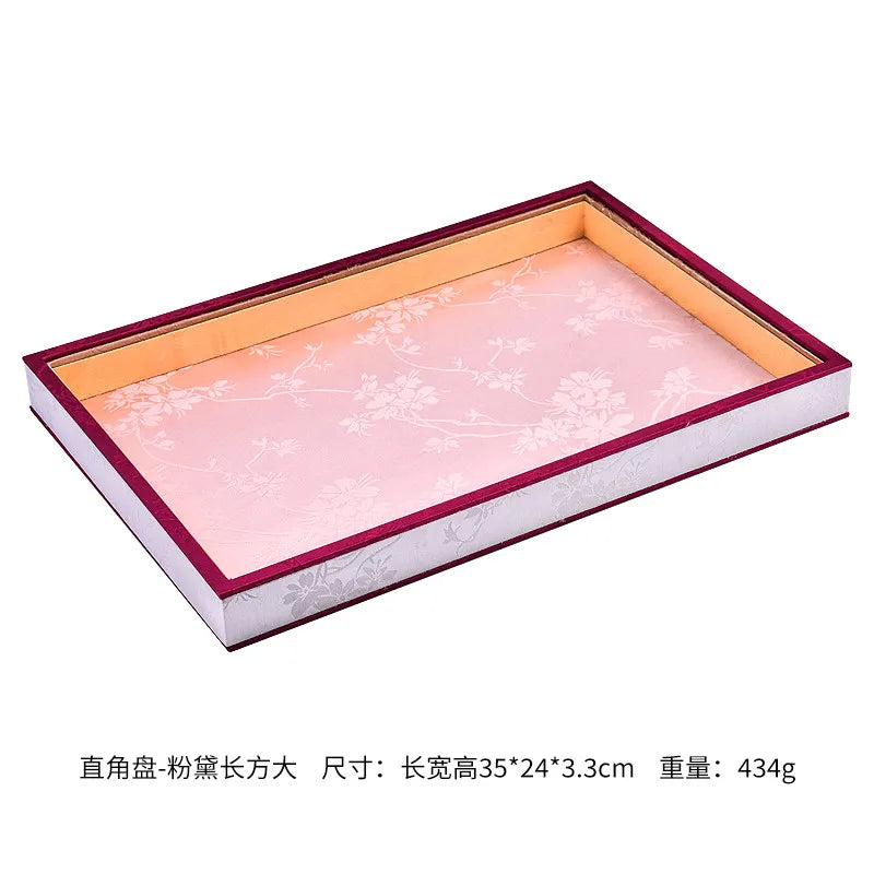 Luxury Chinese Vintage Silk Wooden Jewelry Box, Countertop Display Tray for Perfume Ring Bracelet, Velvet Gemstone Jade Storage