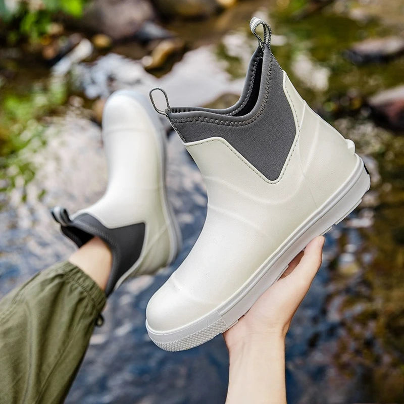 Men Rain Boots Non-slip Water Shoes Outdoor Waterproof Fishing Boots Slip on Men Rubber Boots PVC Material Round Toe Rain Shoes