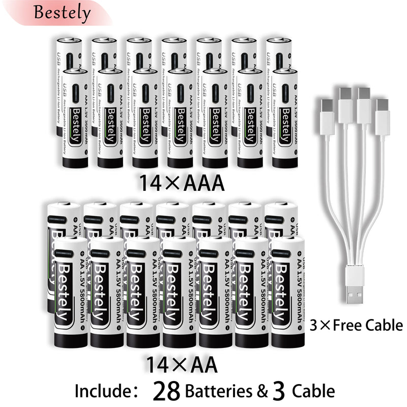 New 1.5V AAA 3600mAh+AA 5800mAh Lithium Ion Rechargeable Battery Fast Charging USB-C Li-ion Batteries 2000 Cycle with Free Cable