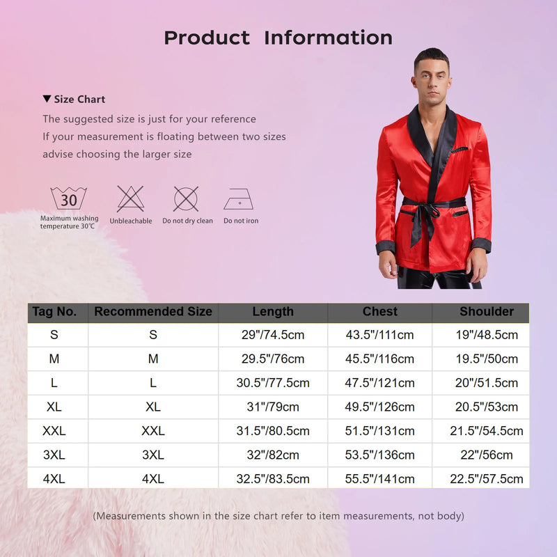 Mens Sleepwear Jacket Robe with Belt Pajamas Top Lapel Long Sleeve Side Pockets Satin Shirt Kimono Bathrobe Nightwear Loungewear