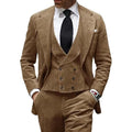 Camel Velvet Men's Suit 3 Piece Corduroy Blazer Vest Pants Set for Business Events Wedding Grooms Banquet Party Custom Tuxedo