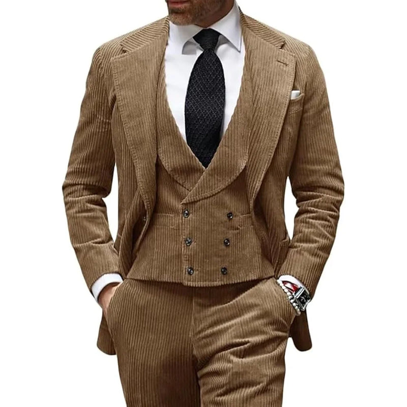 Camel Velvet Men's Suit 3 Piece Corduroy Blazer Vest Pants Set for Business Events Wedding Grooms Banquet Party Custom Tuxedo