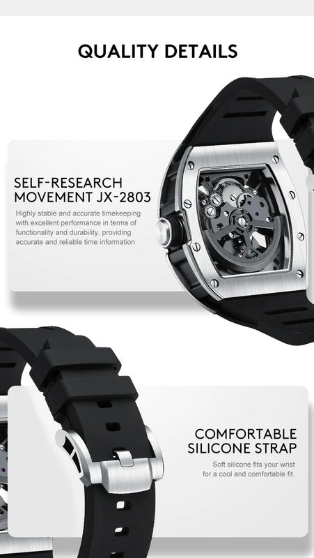 Hot Selling New High Quality Barrel Case Automatic Watch Stylish Sports Silicone Strap Mechanical Business Casual Watches