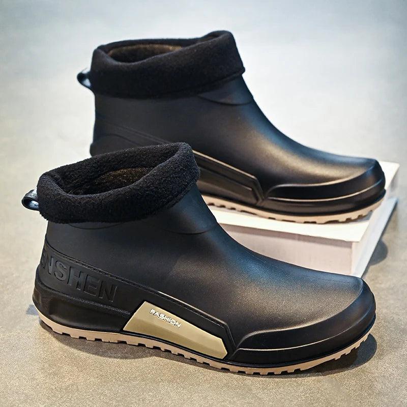 Men's Winter Fleece Lined Short Rain Boots Waterproof Non Slip Work Kitchen Safety Black Rubber Boots Thickened Shoe Bottom