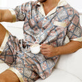 2pcs Men's Geometric Print Pajama Set Stylish Brown Short-Sleeve Shirt with Elastic Waist Shorts Comfortable Polyester Sleepwear