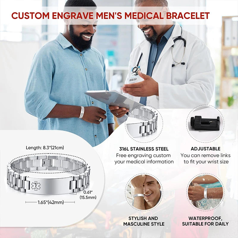 Custom Medical ID Bracelet Medilert Bracelets for Men Women Engraving Stainless Steel Medic ID Bracelet Wristband for Dad Mom