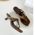 Women's Square Toe Thong Sandals Kitten Heel Slippers Summer Suede Flip Flops Elegant Mules for Ladies Outdoor Casual Dress Shoe
