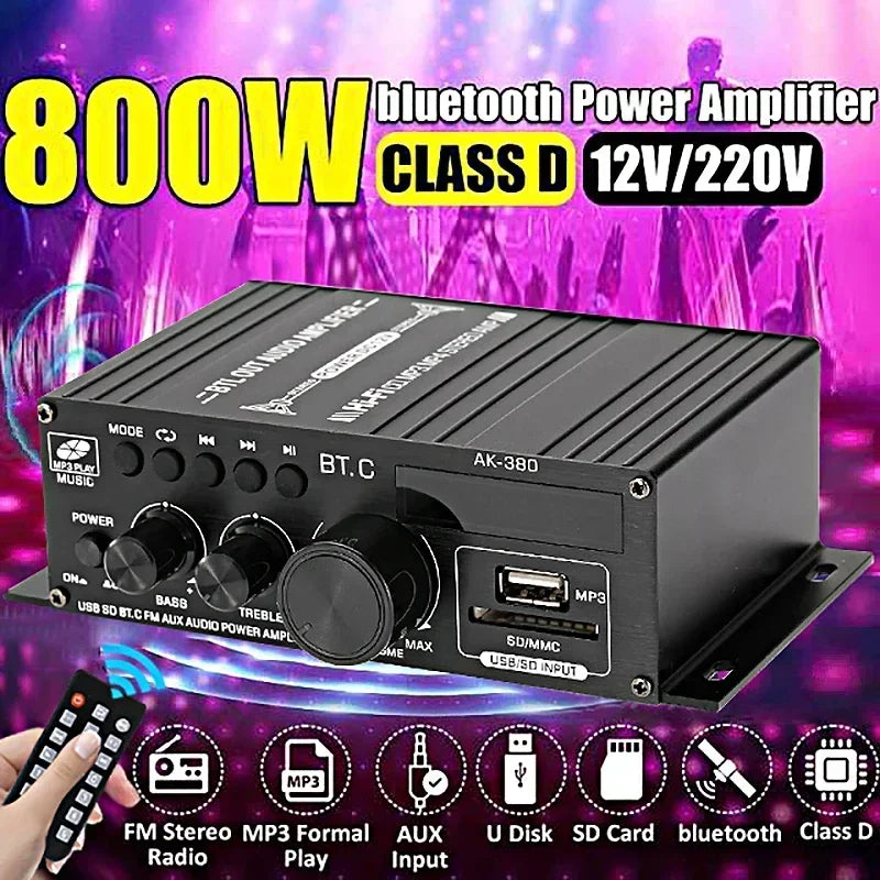 AK35 800W Home Car Amplifiers 2 Channel bluetooth 5.0 Surround Sound FM USB Remote Control Mini HIFI Digital Amplifier Stereo