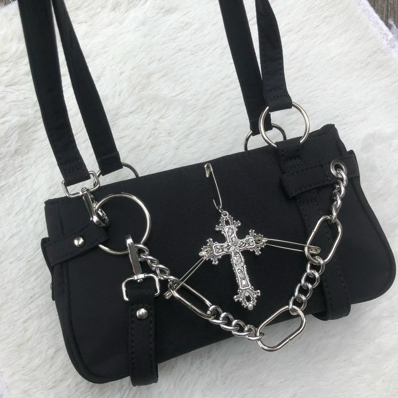 Japanese Vintage Streetwear Punk Women Handbags Y2k Aesthetic Trendy Cross Chain Shoulder Bags Casual Fashion Chic Underarm Bag