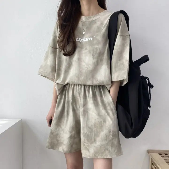 2026 Women T-Shirt Shorts Suit Set Casual Tie Dye Loose Tshirt Wide Leg Middle Shorts With Pockets Female Soft Summer Shorts Set
