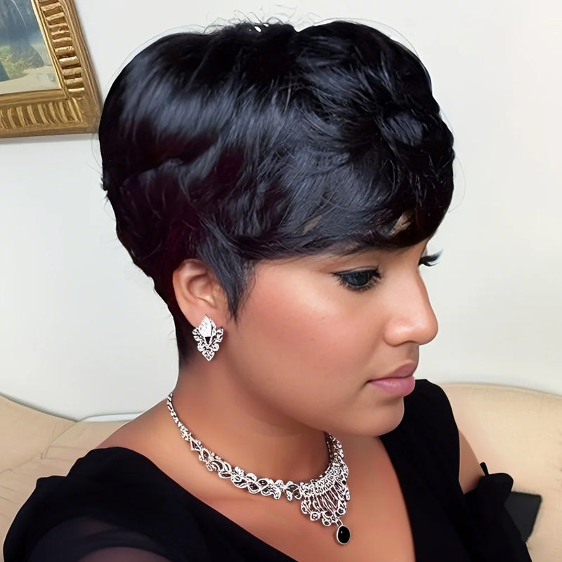 Human Hair Wigs Short Pixie Cut Wig with Bangs Short Layered Wavy Wigs for Women Full Machine Made
