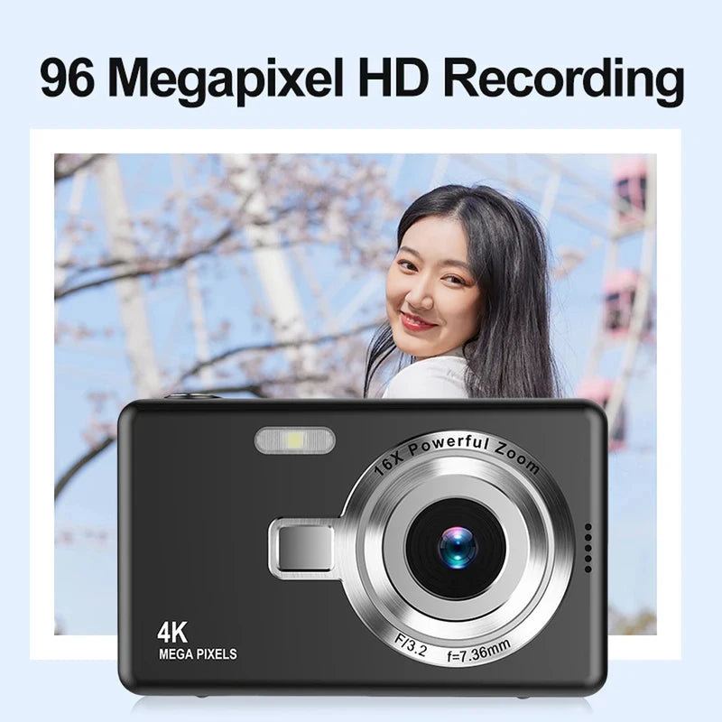 4K HD Digital Camera 16X Digital Zoom Compact CCD Camera Portable Vintage Vlog Camera for Students Travel 2.4 Inch IPS Screen