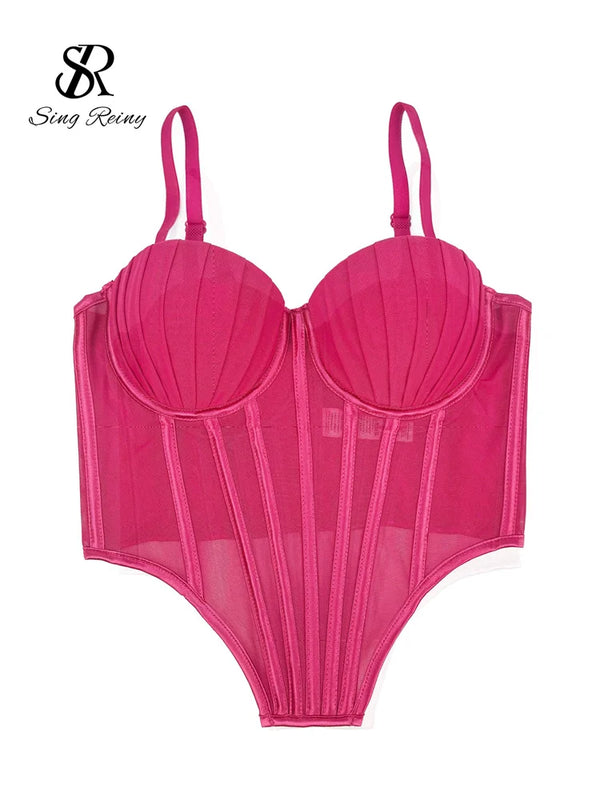 SINGREINY Fashion Solid Corset Lingerie Top Ladies Strap Sheer Mesh Slim Camisole American Retro Backless Beach Sexy Tank Top