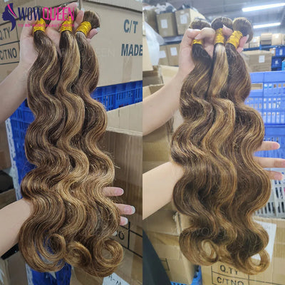 12A Highlight Body Wave Bundles Human Hair P4/27 Ombre Brown Blonde Bundles Colored Brazilian Human Hair Weaving Extensions