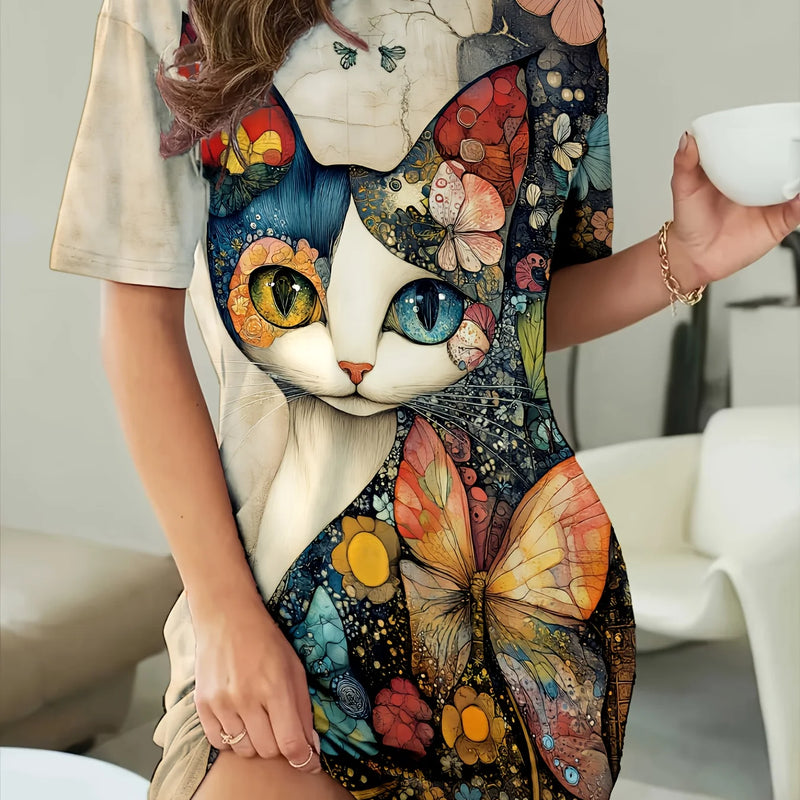 Little Cat in a Crown' Printed Long T-Shirt Short-Sleeved | SAMAG
