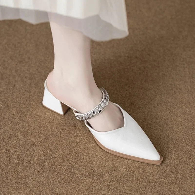Slip-on Pointed-toe Chunky Heel Mules Casual Fashion Style Multi-colored Metal Chain