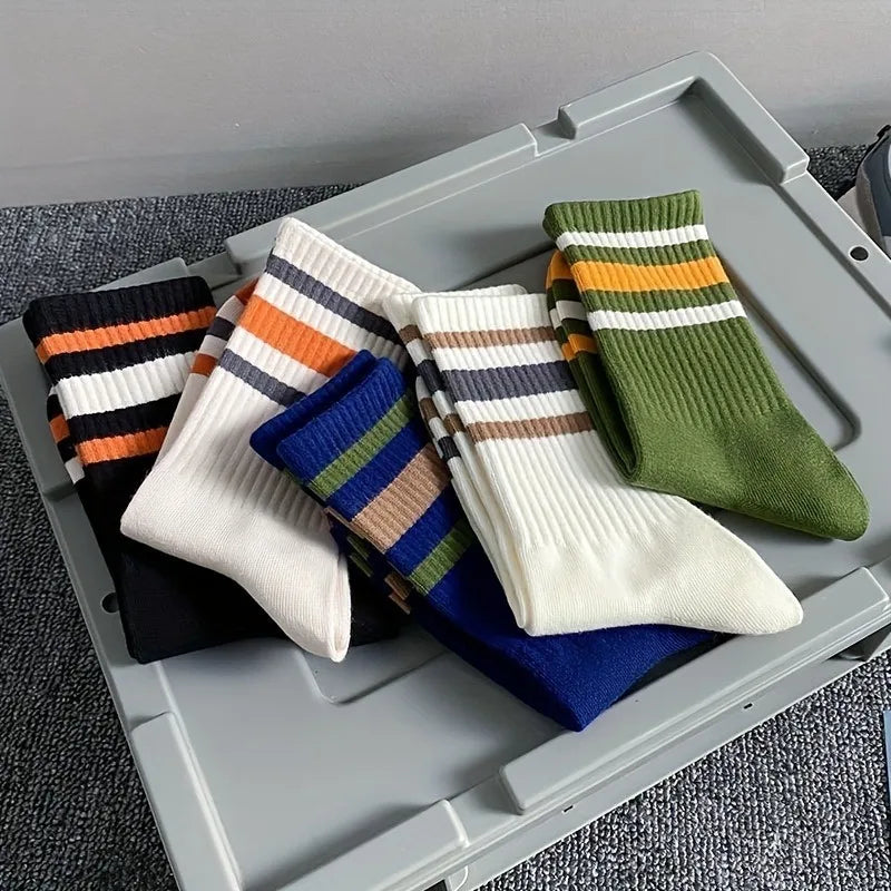 5 Pairs Men's Colorful Striped Casual Socks, Fashionable | SAMAG