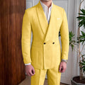 Men's Linen Suit 2-Piece Khaki Shawl Collar Double-Breasted Slim Fit Breathable Jacket and Pants Formal Set for Summer Business