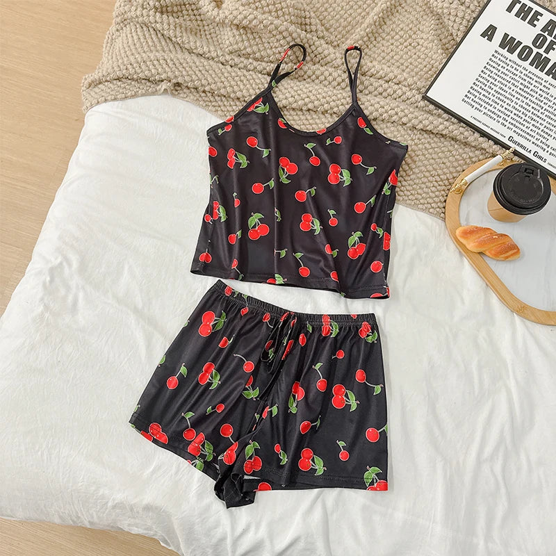 FINETOO 2Pcs Satin Pajama Set for Women Sleepwear Sexy Strap Vest Top Shorts Nightwear Pijamas Sexy Sleep Shorts Set Sleepwear