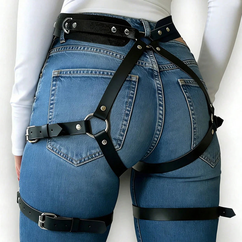 Studded Decor Harness Belt Leg Harness Suspenders Pu Leather Thigh Garter Harness for Women Harness Clothing Accessories