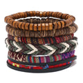 4Pcs/ Set Braided Wrap Leather Bracelets for Men Vintage Life Tree Rudder Charm Wood Beads Ethnic Tribal Wristband Rope Bracelet